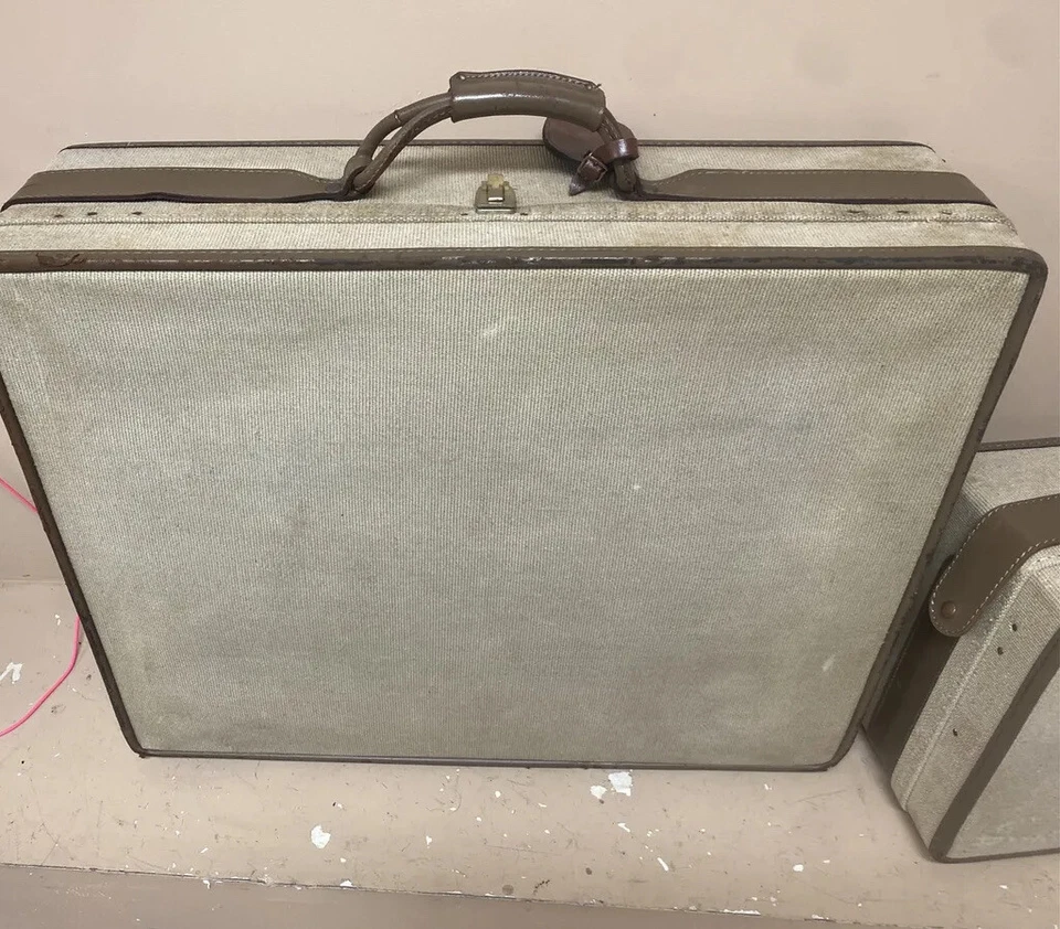 Vintage Hartmann Luggage Suitcase Set 2 Piece Tweed Belted Leather Travel USA - Image 2 of 4