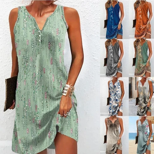 Women Summer Holiday Dress Ladies Boho Beach Button Floral Sun Dresses Size 6-16