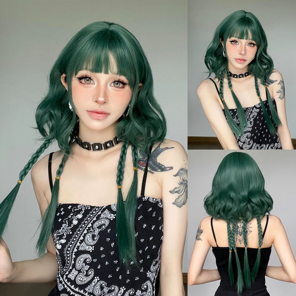 Short green wavy wig with bang Short Wavy Green Synthetic Wigs for Women Green Cosplay Hair  main image 2