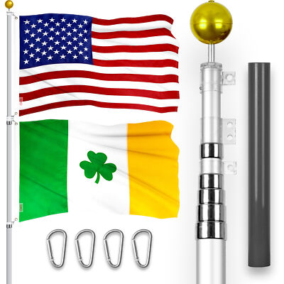 25Ft Telescoping Flagpole Silver & USA and Ireland Shamrock Flags Emb 300D 3x5Ft
