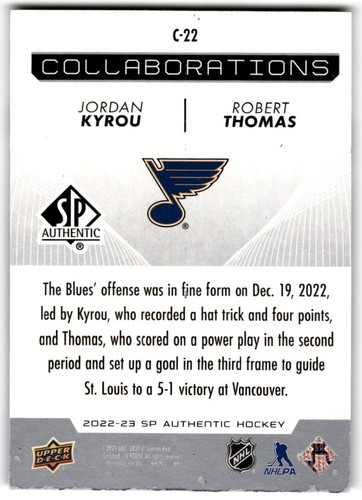 Jordan Kyrou / Robert Thomas 2022-23 SP Authentic Collaborations #C-22 St. Louis - Picture 2 of 2