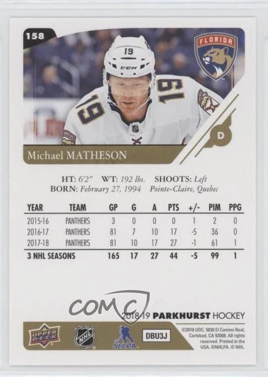 2018-19 Upper Deck Parkhurst Gold Michael Matheson #158 - Image 2 of 2