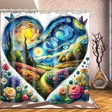 HeartShaped Floral Waterproof Fabric Bathroom Shower Curtain Hooks 72x79 In
