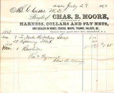Chas B Moore Harness Receipt 1870 Bridgeton NJ Mrs L Coate MD Equestrian