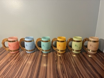 Vintage Set of 6 Siesta Ware Tiki Mugs Frosted Wooden Handle Hawaiian Glasses