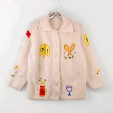 Vtg LeRoy Knitwear Country Club Cardigan Sweater Cream S/M Golfcore Knit Buttons