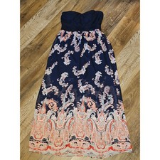 Trixxi Navy Blue Lace Strapless Maxi Dress Paisley Print Cutout Back XL