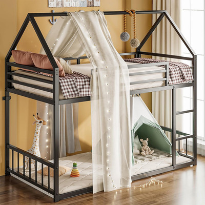 Bunk Bed Twin over Twin, House Bunk Bed Frame with Ladder and Guardrail, House S