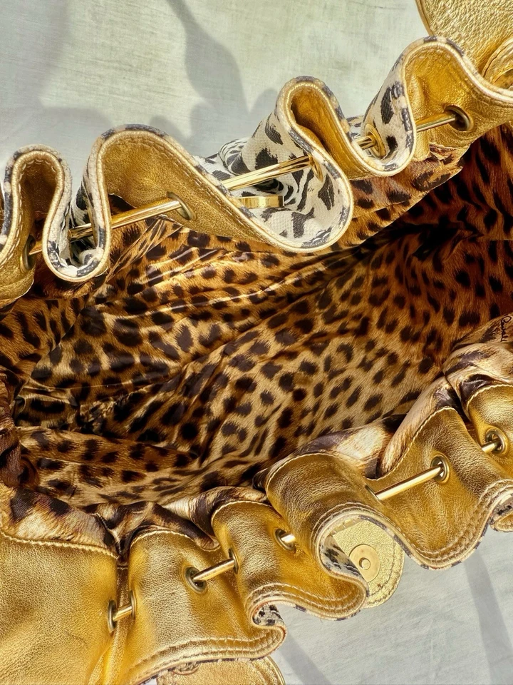 Roberto Cavalli | Y2K Leopard Animal Print Tote Bag Gold Metallic Designer Purse - Image 4 of 4