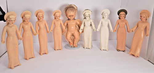 1955 Play n Pray Toy Co. Rubber Dolls 8 Madonna 1 Baby Jesus Alice Rowe Akron OH