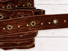 4 Yards Chocolate Brown Velvet Ribbon Trim 1" Wide Bronze Grommets Studs Sewing