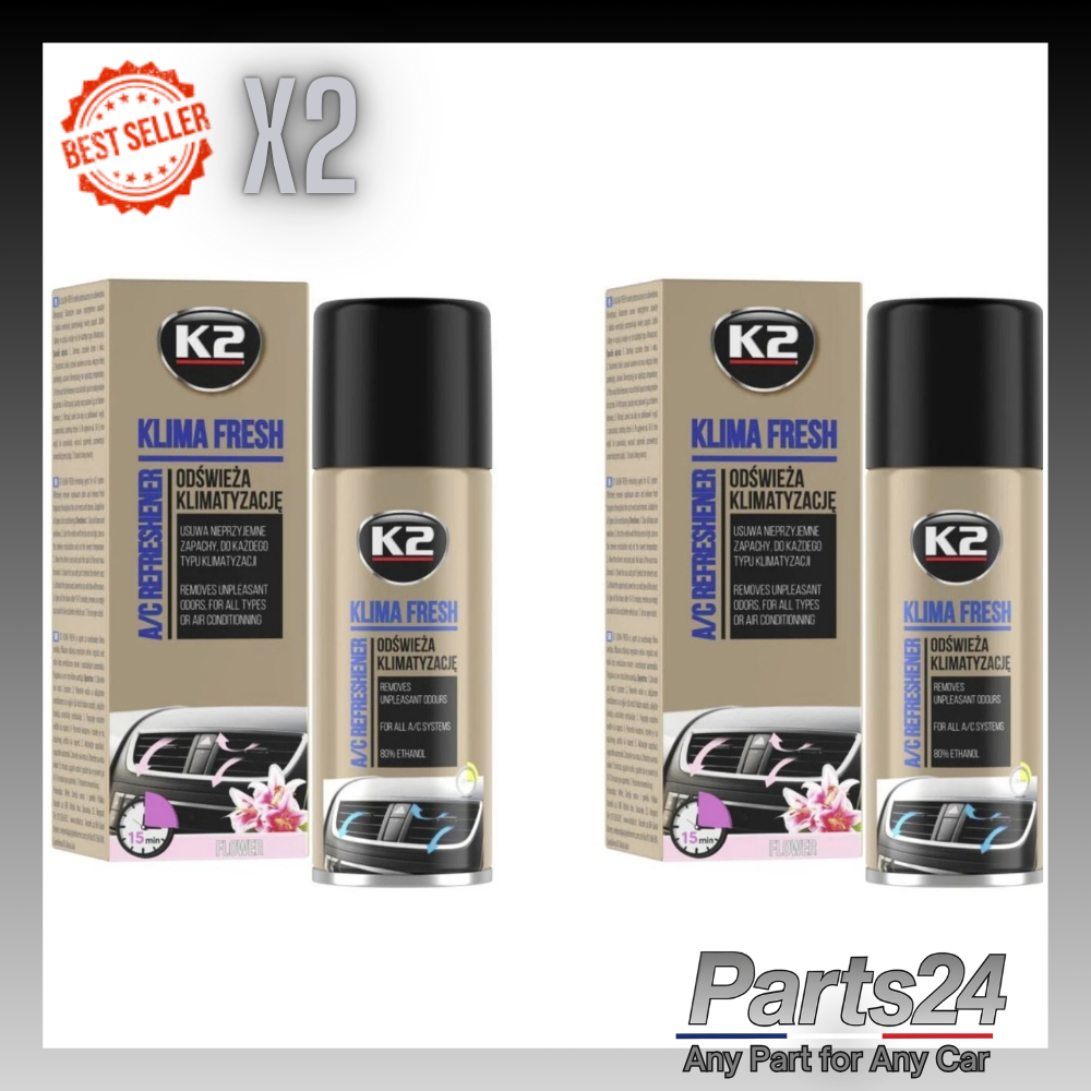 2x K2 KLIMA FRESH A/C AIR CONDITIONING REFRESHER ELIMINATE ODOUR 150ml FLOWER