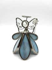 Vtg Blue Stained Glass Angel Free Standing Halo Holding Wand Chain Attached 4  