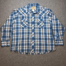 Wrangler Mens XXL Western Shirt Pearl Snap Plaid Long Sleeve Blue Cowboy