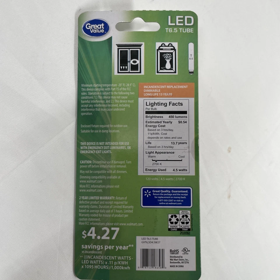 Great Value T6.5 Tube 4.5W LED Soft White 450 Lumens Light Bulb 40W Equivalent - Image 2 of 4