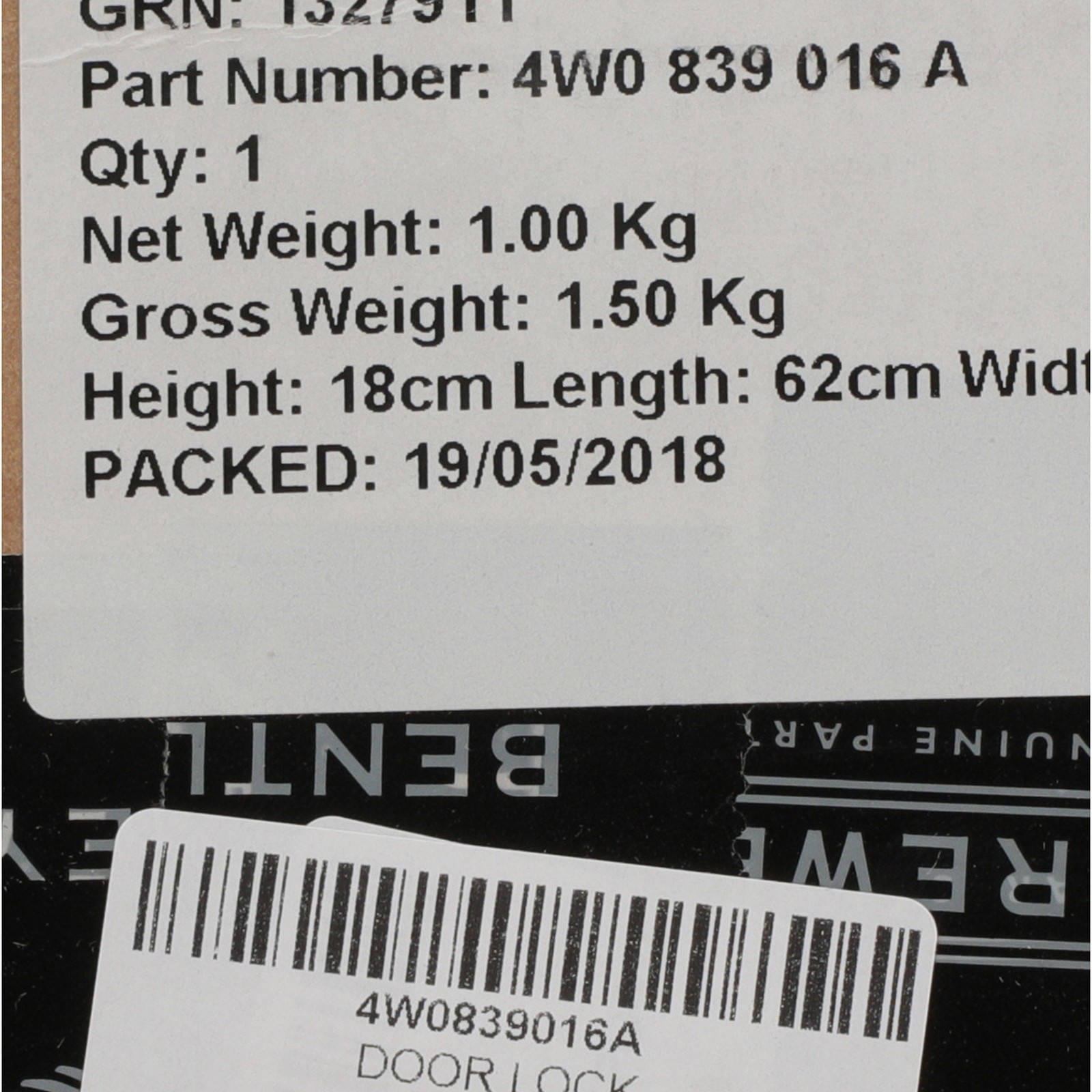 Bentley Continental 2013 Rear Right Door lock module P/N 4W0839016A