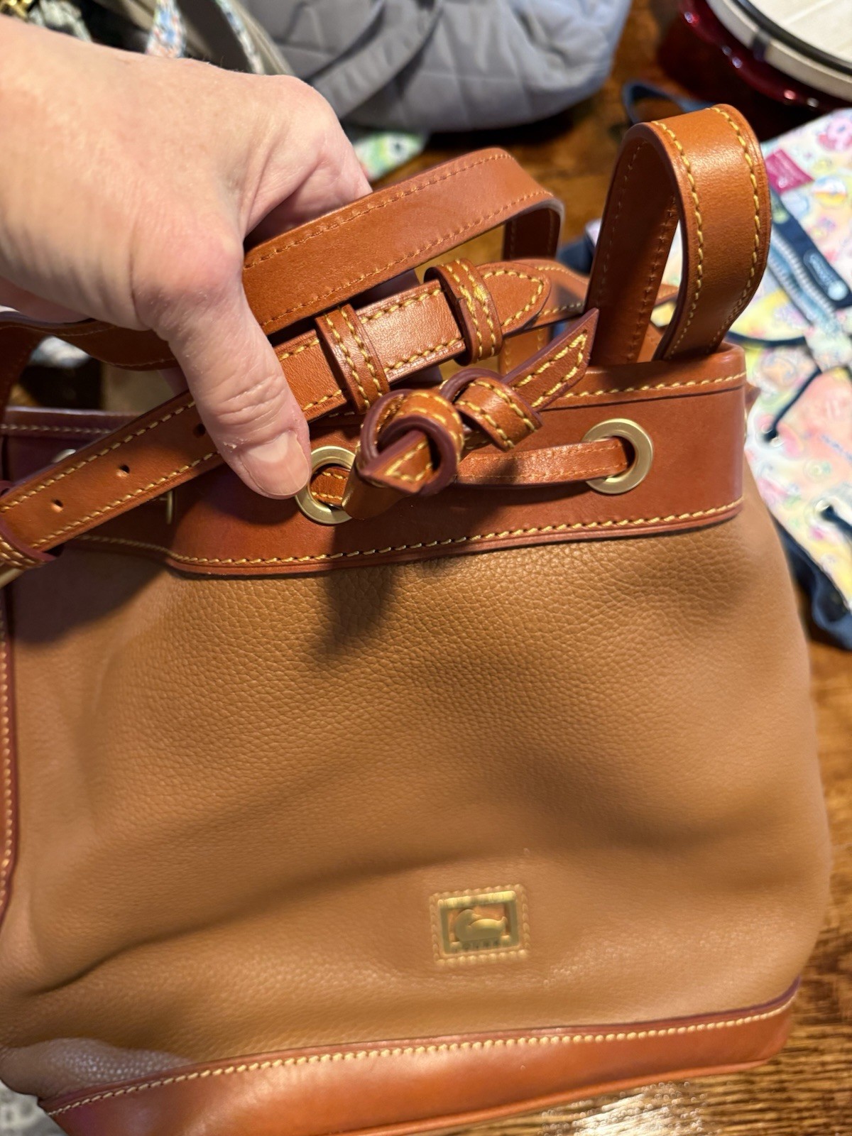 Douney Bourke Drawstring Bucket Bag EUC Brown Lea… - image 2