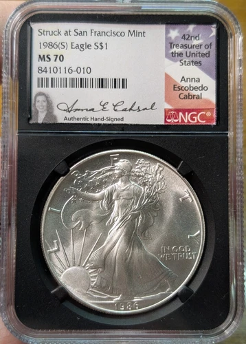 1986(S) NGC MS70 Signed Anna Escobedo Cabral Silver American Eagle