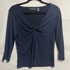 Women’s Attention Blouse Shirt Medium V-Neck 3/4 Sleeves Navy Blue