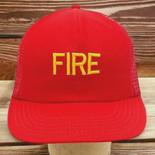 Vtg Fire Red And Gold Embroidered Snapback Trucker Hat Mesh Cap Made in USA