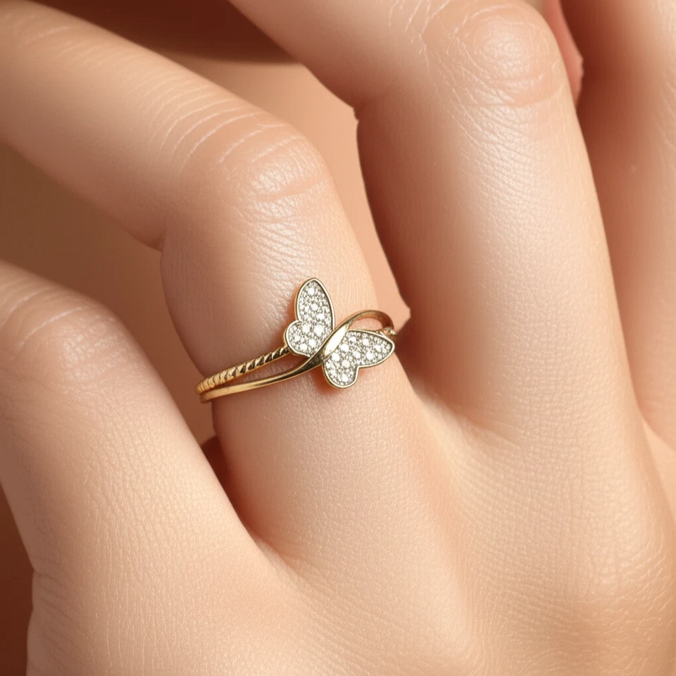 Anillo de compromiso de oro macizo real de 14 quilates de 0,18 quilates con mariposa cultivado en laboratorio Foto 3 de 4