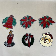 6 Vintage Faux Stained Glass Look Christmas Ornaments Holly Santa Bell Wreath