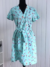 Saks Fifth Av Bathrobe Kokeshi Prnt Women S Petite Cotton Robe S/S Sash Aqua Vtg