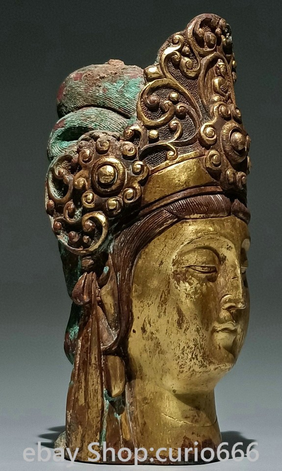 7.8" Old China Bronze Ware Gold Gilt Guanyin Kwanyin Goddess Head bust
