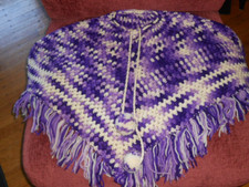 Handmade Crochet Poncho w/ Fringe 70s Purple  White Knitted Cape Youth/Small