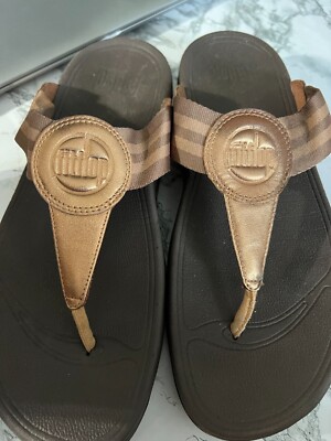 Brown/Gold FitFlop Thong Wedge Sandals Size UK