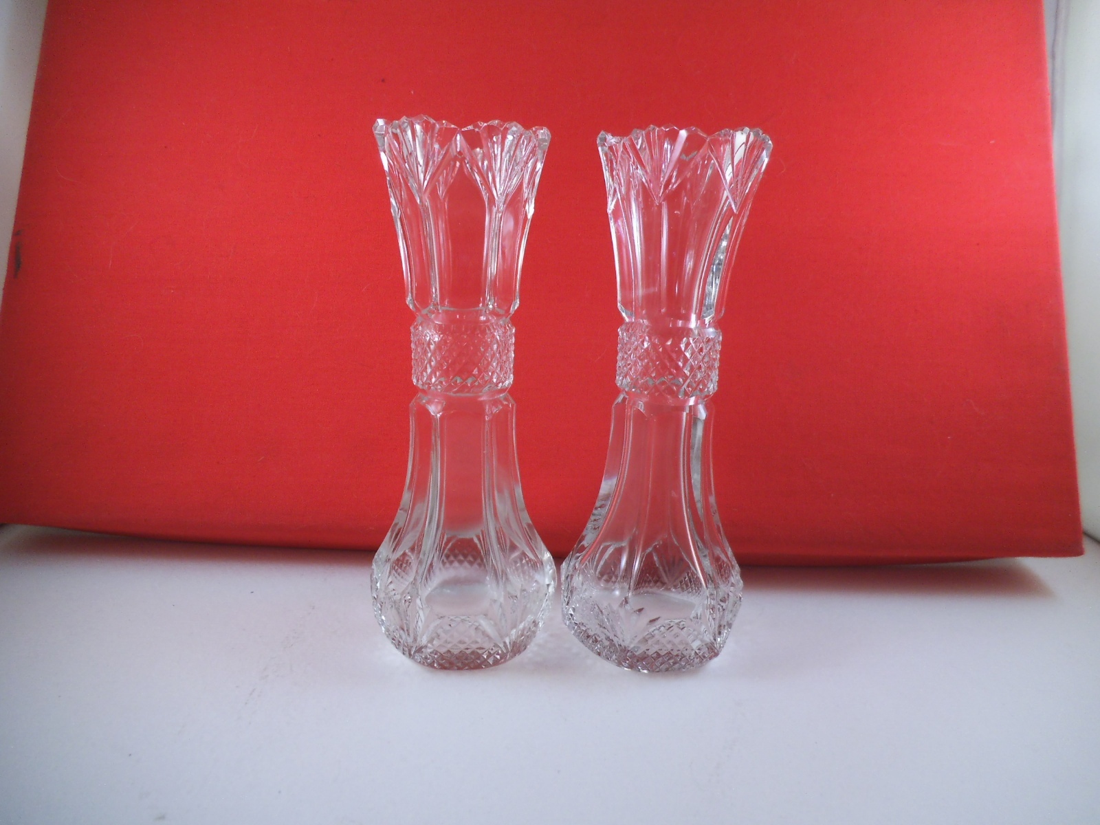 Vintage Clear Glass Pair of Crystal Bud Vases Diamond Fan eBay