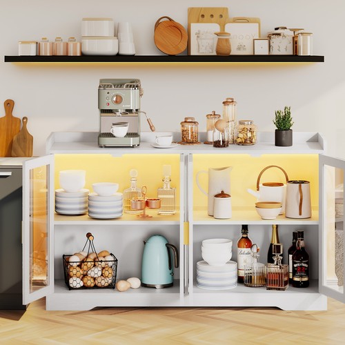 Farmhouse 55" Sideboard Storage Coffee Bar Cabinet w/ LED Light Kitchen Buffet - Picture 12 of 24