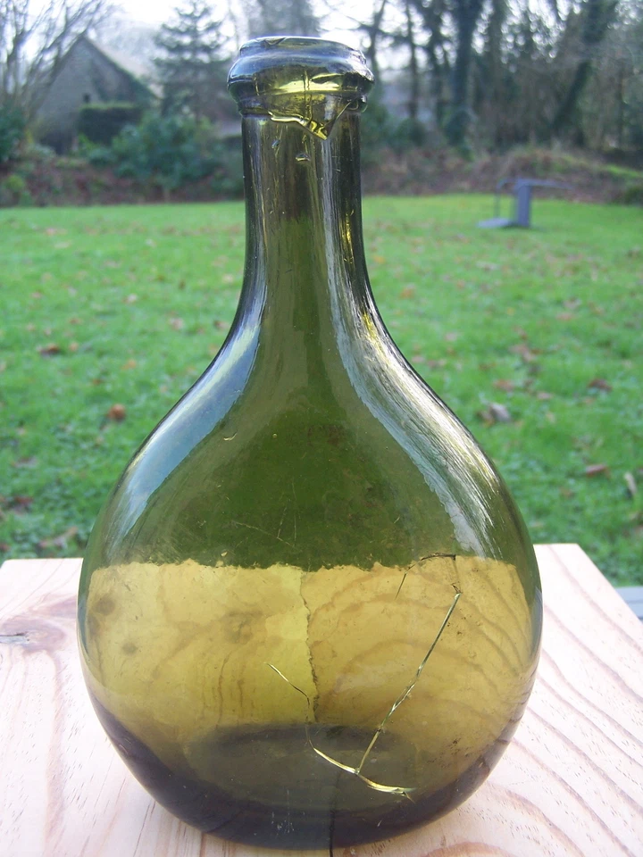 bouteille gourde flasque plate ancienne verre soufflé pontil glass flask 1800 - Photo 2/4