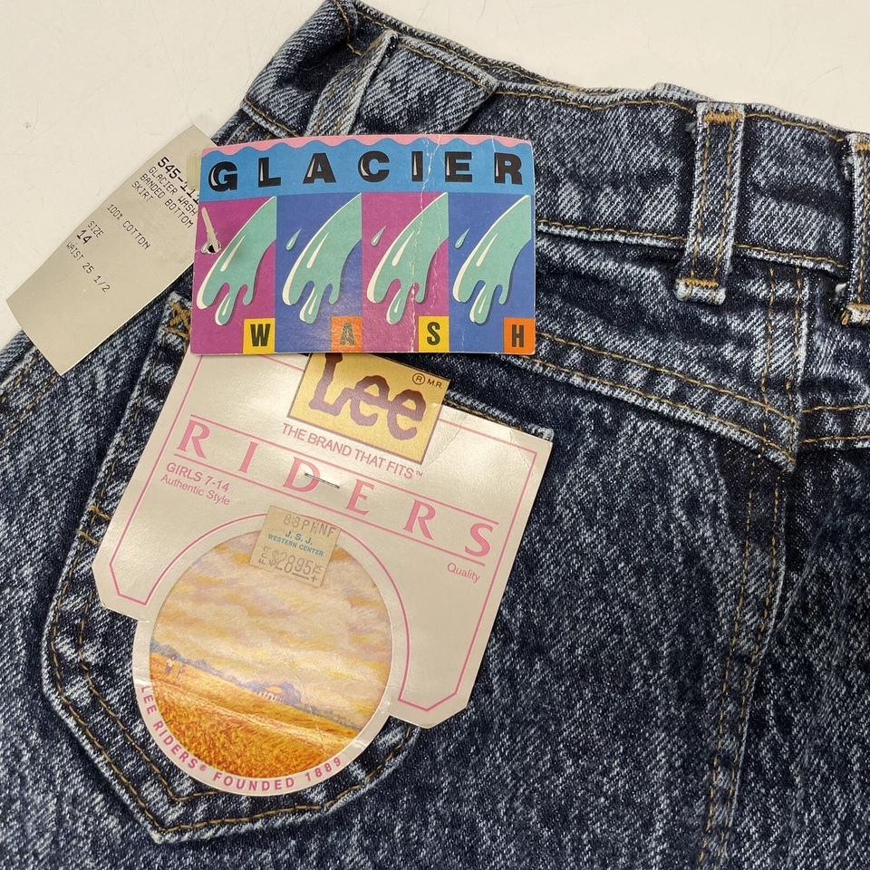 NUEVO CON ETIQUETAS De Colección Años 90 Lee Riders Azul Jean GLACIAR Lavado Ácido Denim BANDA Falda Inferior 14 Foto 4 de 4