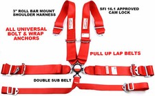6 Point Racing Harness Pull Up Lap Belts Roll Bar Mount 3 Cam Lock Sfi 16.1 Red 6 Point Racing Harness Pull Up Lap Belts Roll Bar Mount 3 Cam Lock Sfi 16.1 Red