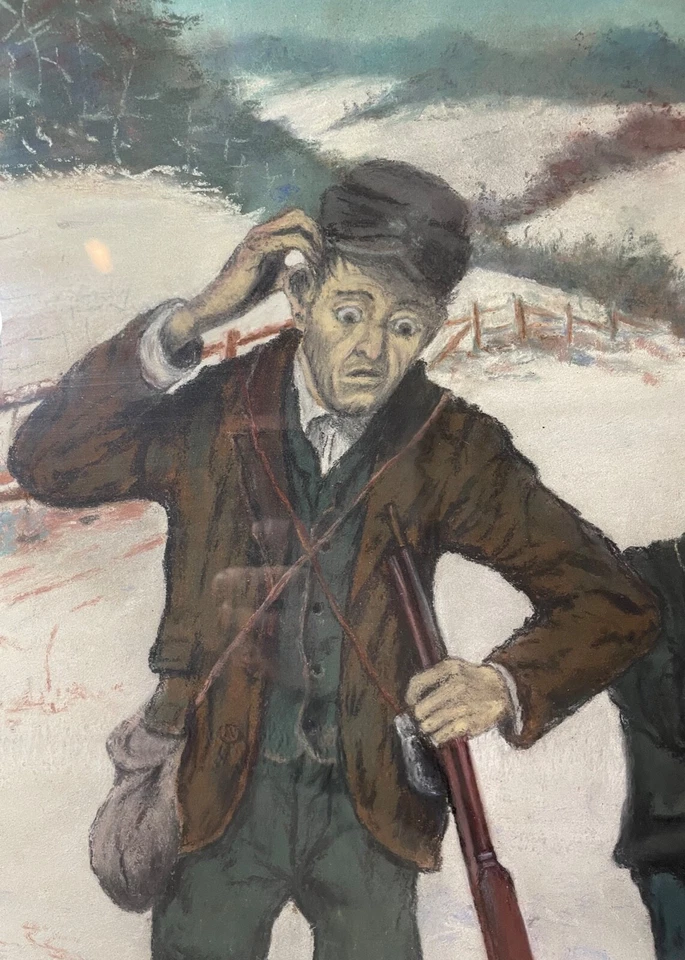 antiguo original Casey hombre y niño caza nieve pastel dibujo pintura arte popular Foto 3 de 4