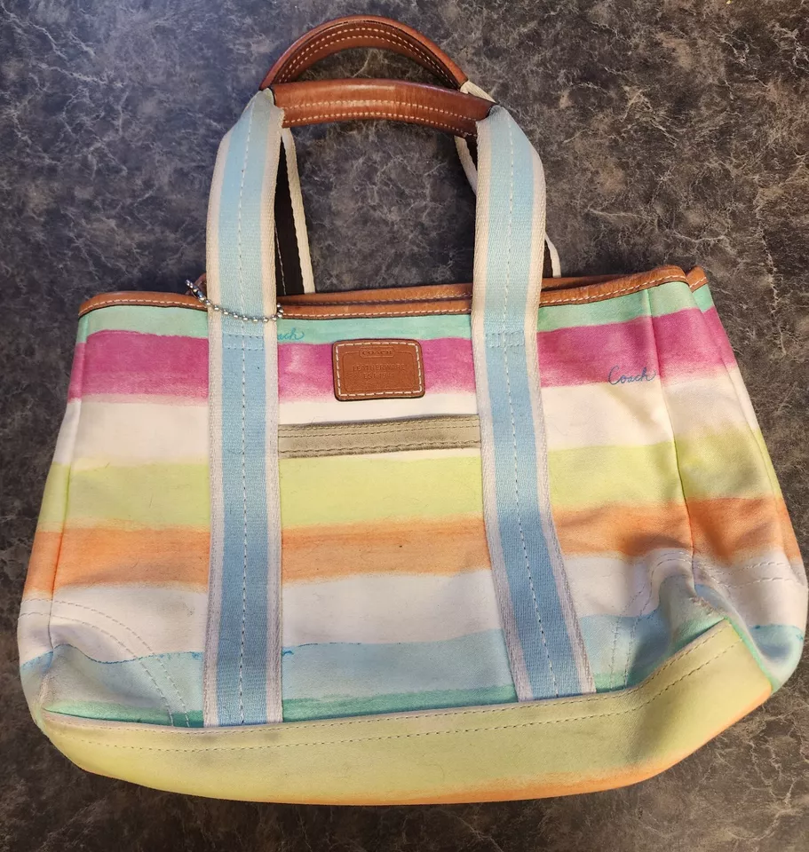 COACH 10025 Hampton Watercolor Pastel Stripes Small Tote Handbag Leather Handle