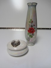 2 LUSTER FINISH VANITY DESK PIECES FLOWER VASE AND TRINKET BOX ROSE & BUTTERFLY