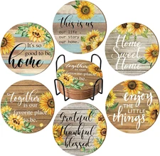 6 Sunflower Wood Coasters with Holder – Absorbent Vintage Farmhouse Set