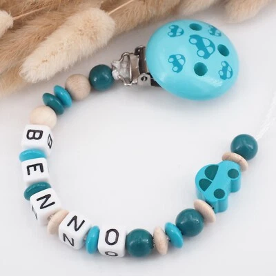 MOTZISBUNTEWELT Schnullerkette mit Namen ★ AUTO ★ Junge Geburt Babygeschenk petrol türkis