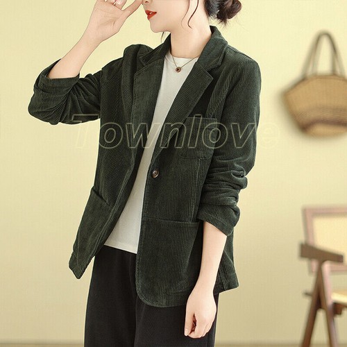 Abito donna velluto a coste blazer risvolto colletto cappotto maniche lunghe casual formale OL - Foto 4 di 28