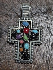 Native American Multi Stone Sterling Cross Pendant 12mm Bale