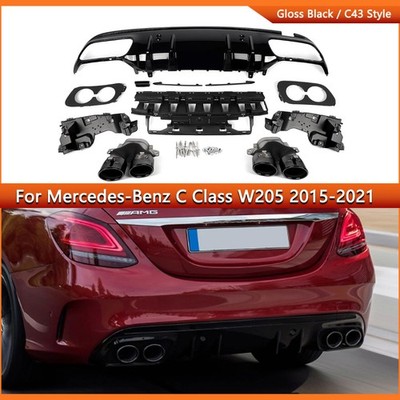 REAR DIFFUSER + ROUND BLACK EXHAUST TIPS FOR 2015-2021 BENZ W205 SEDAN C43 STYLE