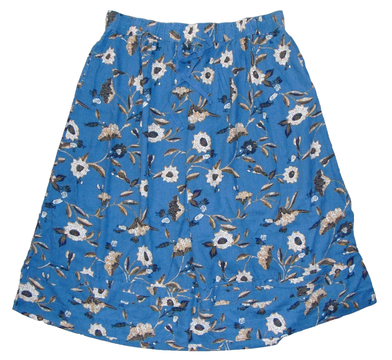 Wonderly Womens XXL Blue Floral Linen Lyocell Midi Skirt Elastic Drawstring