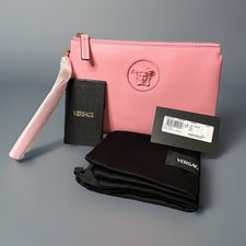 NWT Versace  Medusa Vitello Pouch Pink Leather Wristlet Cards Dust Bag MRP$475