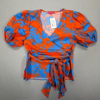 Flying Tomato Wrap Top Womens Size M NWT Orange Blue Tropical Puff Sleeve Cotton