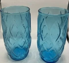 Pair Vintage Drinking Glasses Anchor Hocking Madrid Tumbler Blue Diamond Quilt