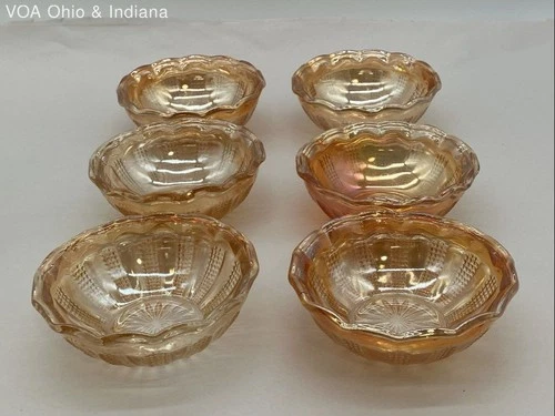 Federal Glass Madrid 6 Berry Bowl Set Marigold Carnival Glass Vintage