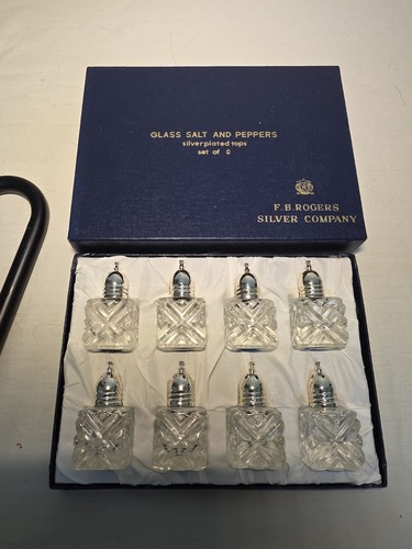 Vintage FB Rogers Silver Co. Crystal Salt & Pepper Shaker Set 8 Pieces In Box