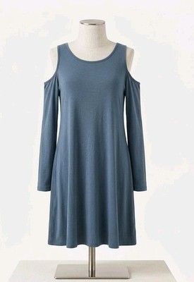 S Long Sleeve Cold Shoulder A-Line Dress Rayon Spandex Blue (260408-05)